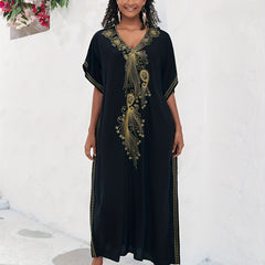  Boho Abaya Dress Women's Plus Golden Embroidered Bat Sleeve V Neck Max
