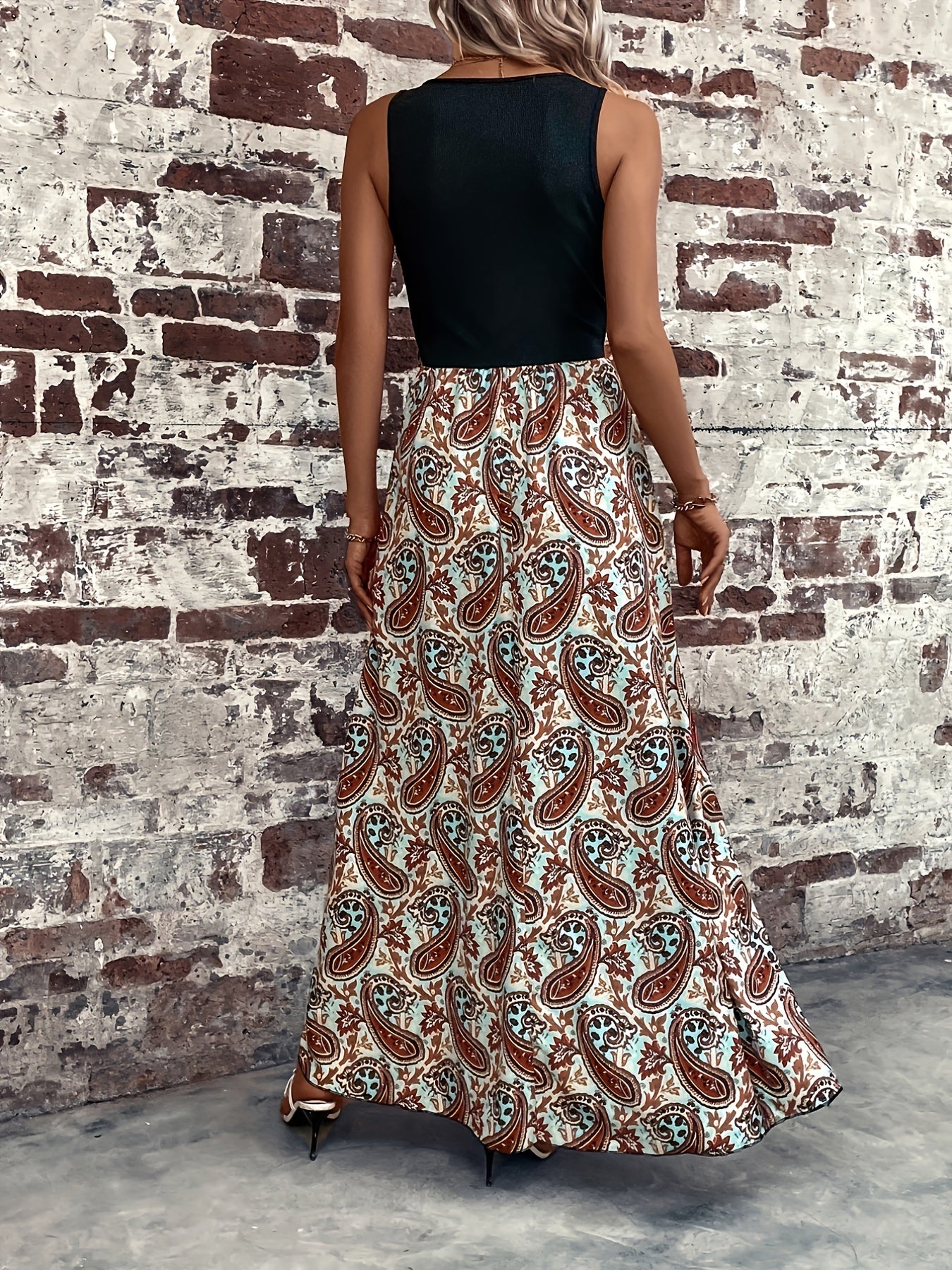  Paisley Print Round Neck Maxi Tank Dress