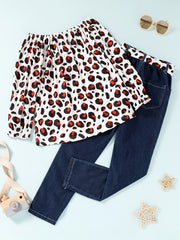 Girls Leopard Off The Shoulder Top & Ripped Jeans Set
