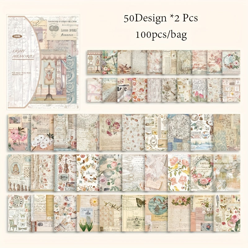 100pcs Vintage Story Series Floral & Botanical DIY Scrapbooking Kits