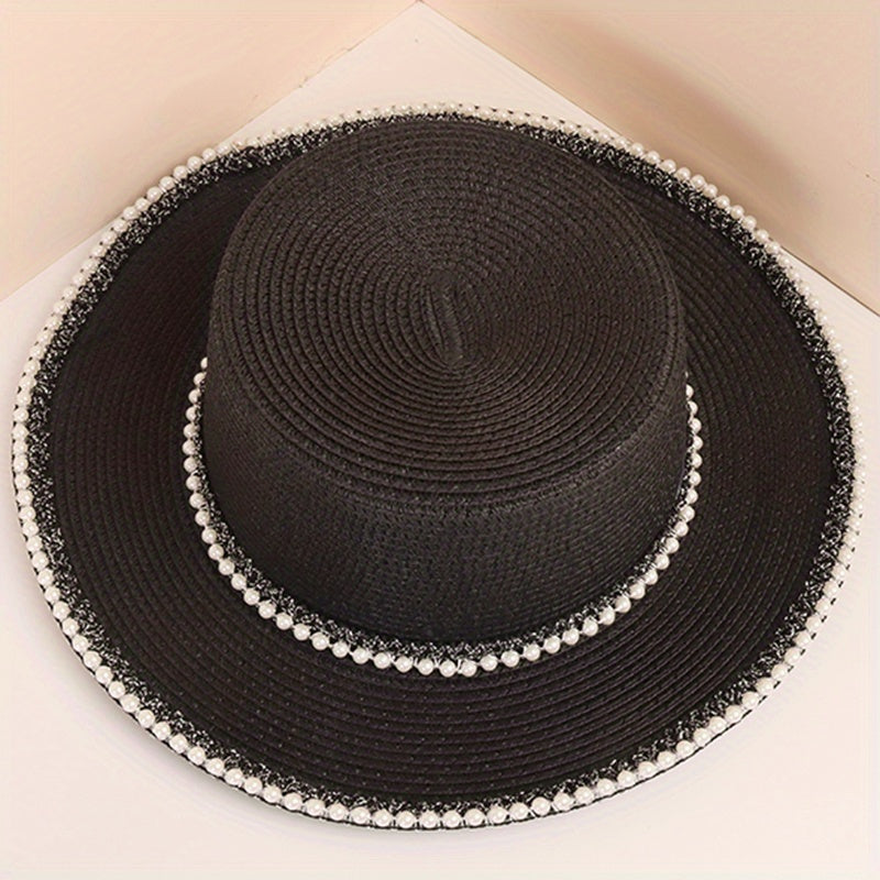 Faux Pearl Decor Sun Hat Flat Top Jazz Fedora Cap Women