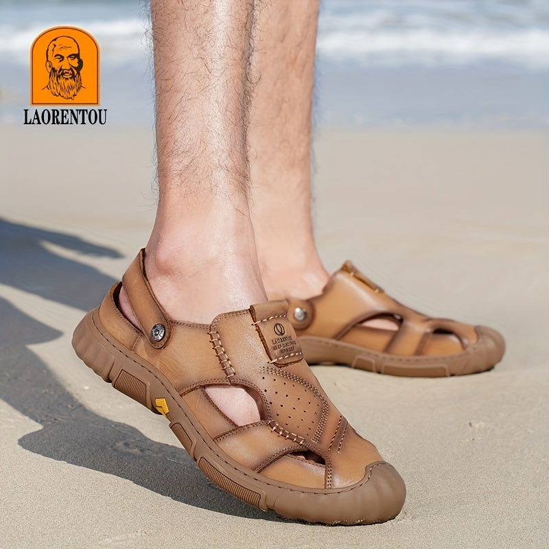 LAORENTOU Men's Leather Stitch Non slip Sandals Durable Quick Dry Closed Toe