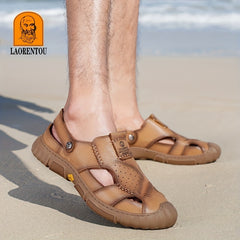 LAORENTOU Men's Leather Stitch Non slip Sandals Durable Quick Dry Closed Toe