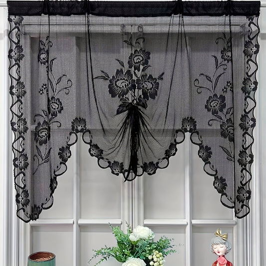 Floral Wavy Short Kitchen Curtains Adjustable Height Straps Ties Cafe