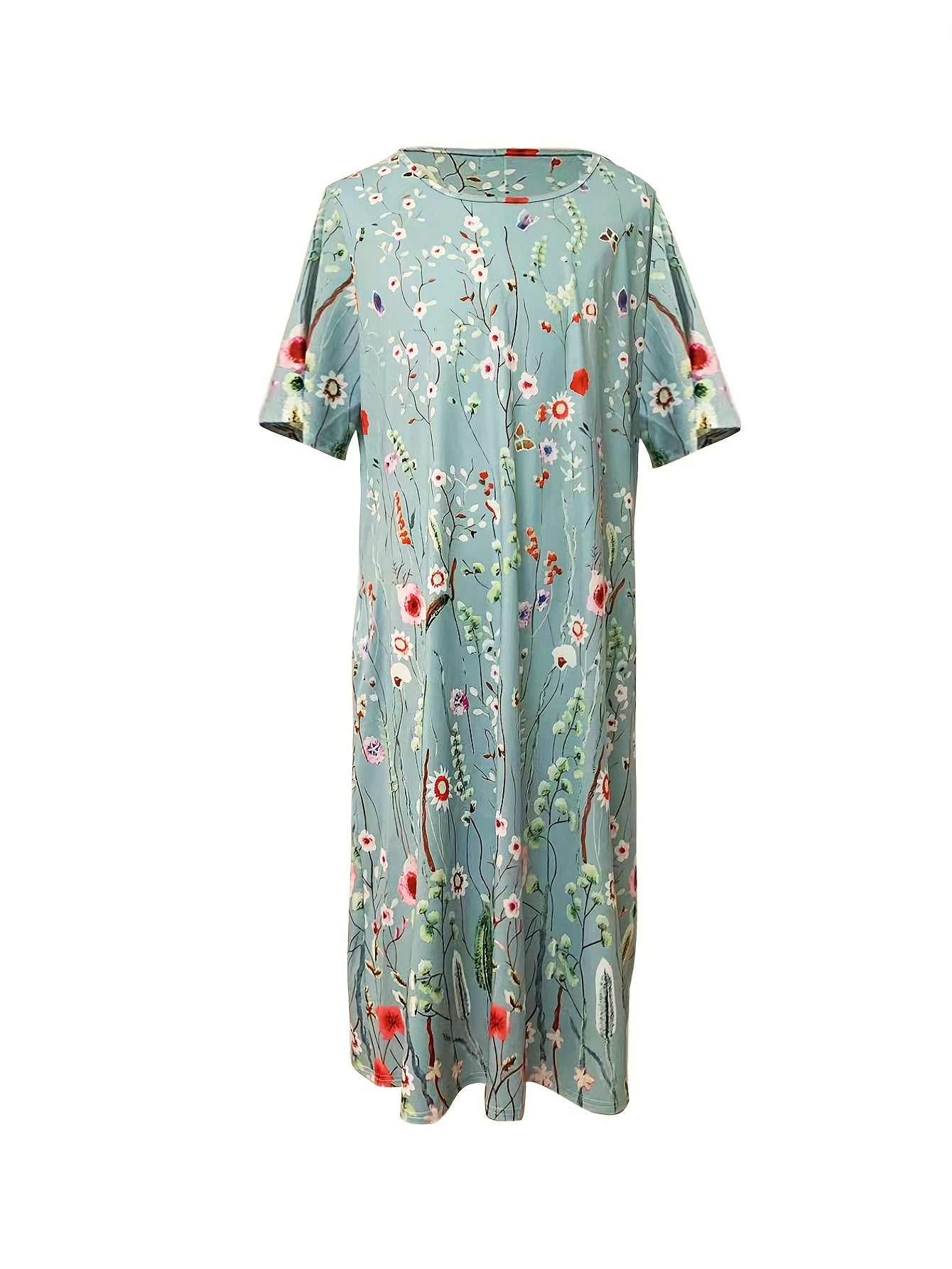 Floral Print Short Sleeve Plus Dress with Pockets