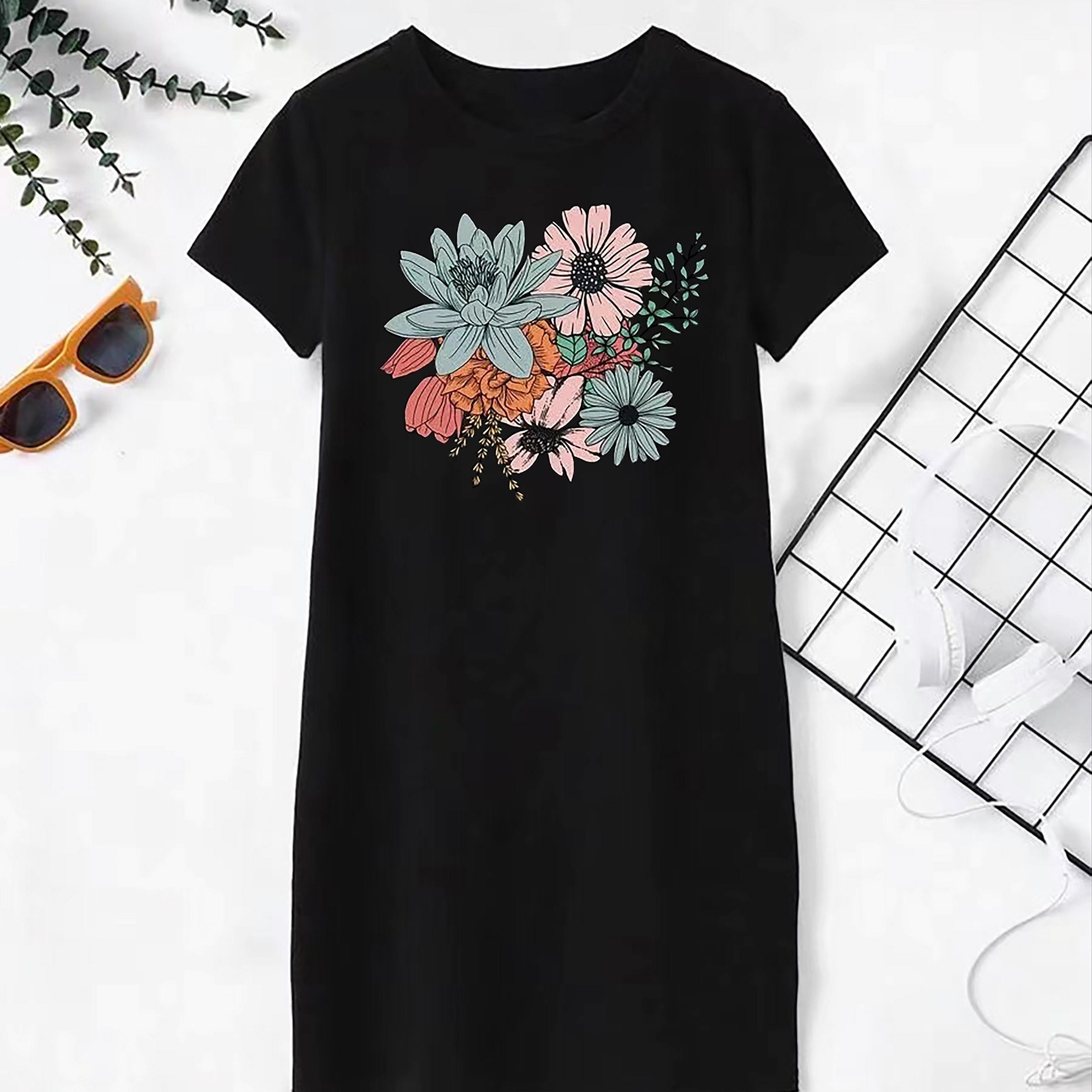  Floral Print Short Sleeve Tee Dress