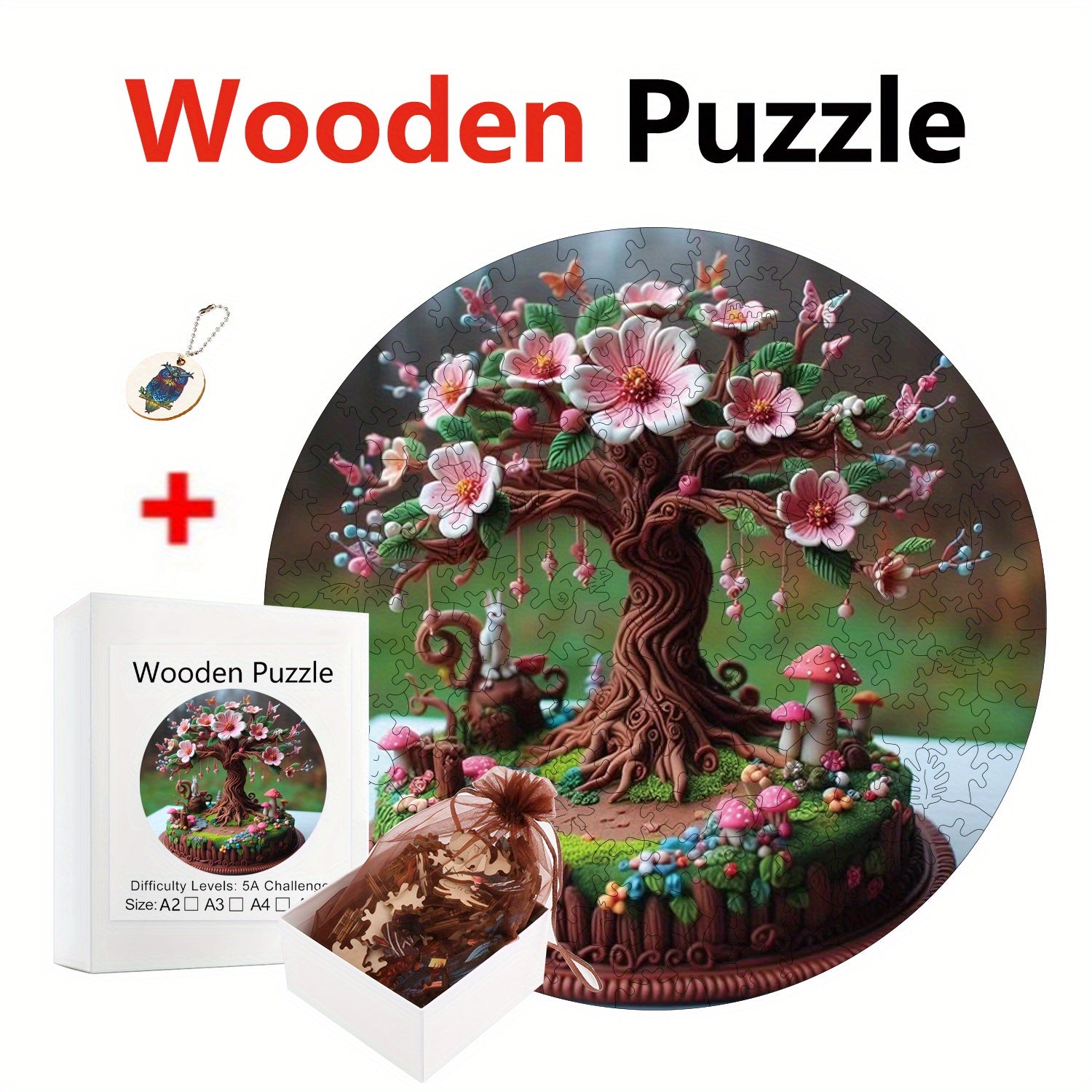Plywood Puzzle 500 Pieces Vibrant Peach Tree with Mushrooms & Flowers