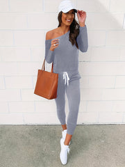 Asymmetrical Neck Jumpsuit Drawstring Long Sleeve