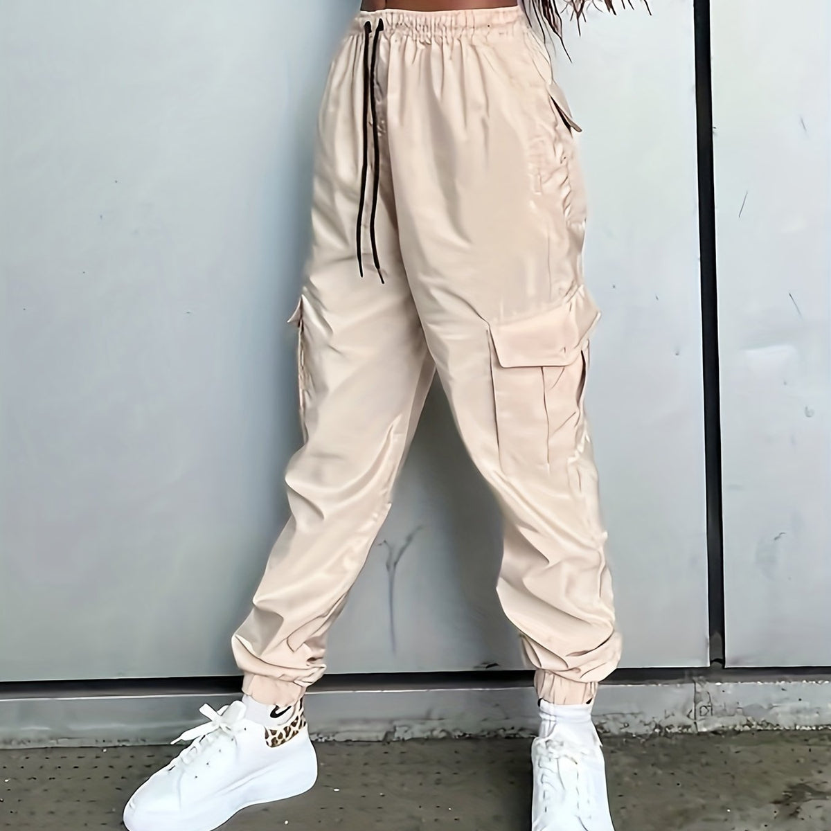  Solid Cargo Trousers Elastic Drawstring Women's Pants