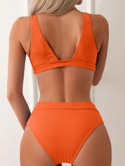 Striped Embossed V Neck Bikini Set High Cut Swimsuit Women's Swimwear