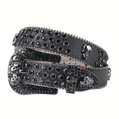 Sparkle Rhinestone Skull Belt Men's Denim Crystal Studs Jeans