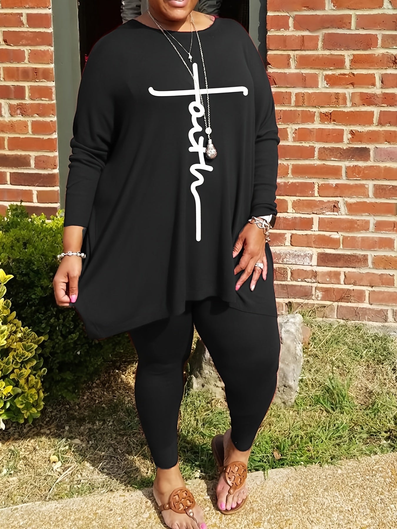  Letter Print Long Sleeve Shirt & Leggings Set