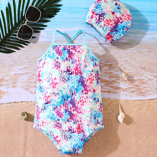 Girls Tie Dye Print One Piece Swimsuit Strappy Back Swimwear