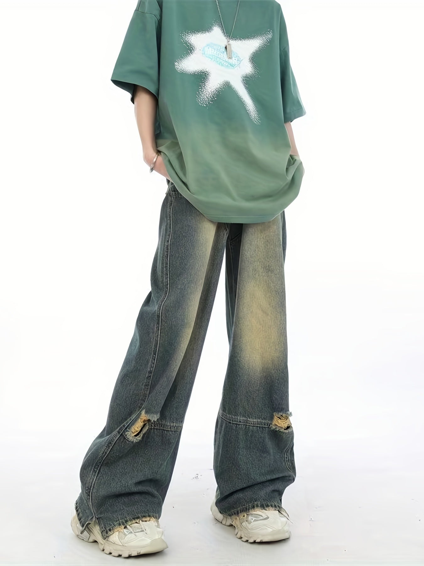 Men's Hip Hop Wide Leg Distressed Denim Pants