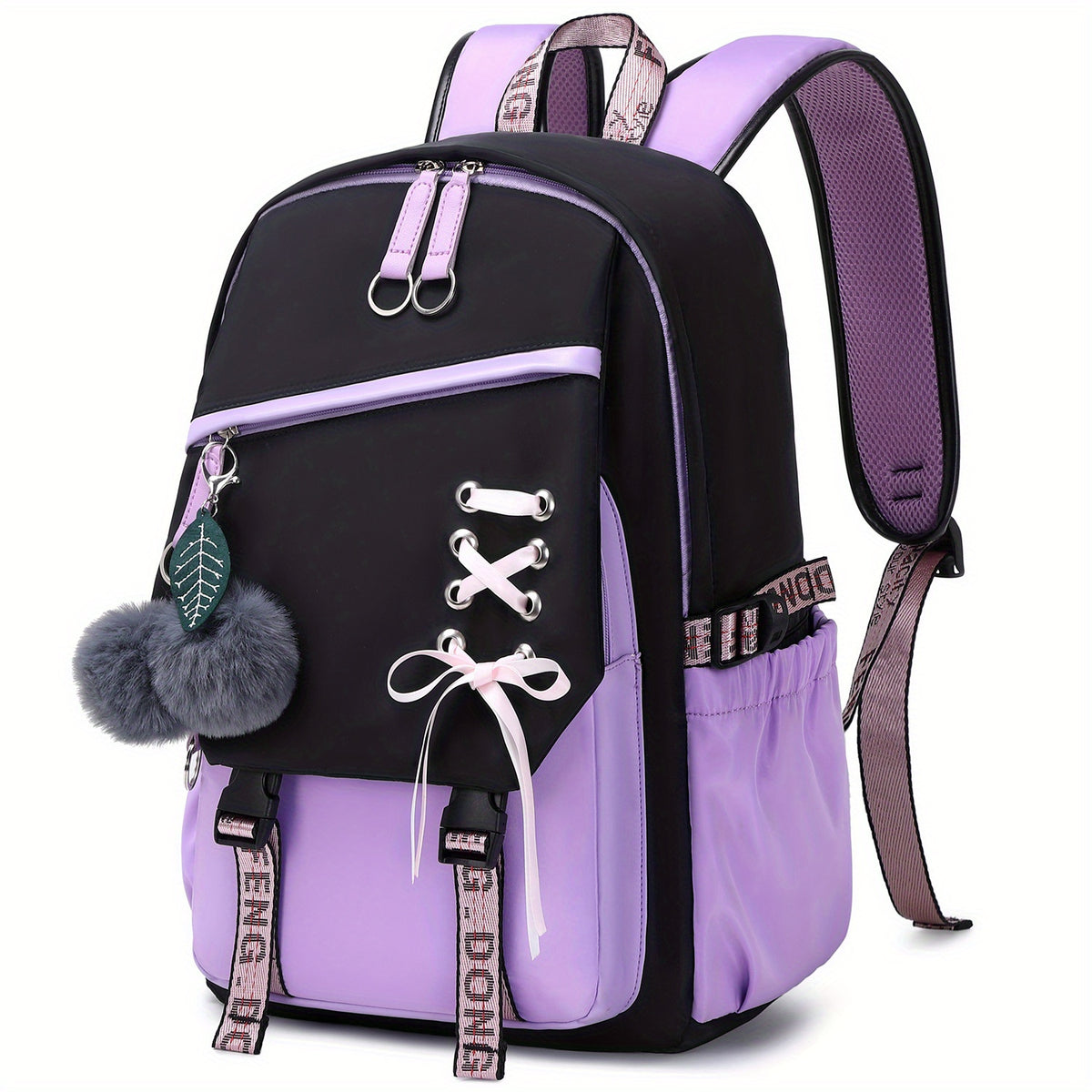 Girl School Backpack Two Plush Balls Letter Pattern Strap Kids Casual Laptop Bag