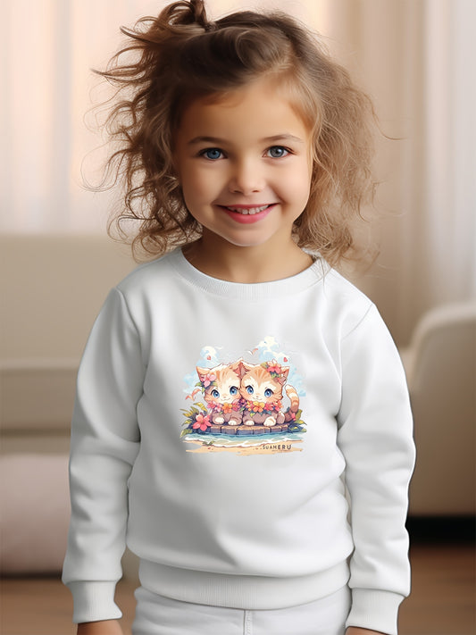 Girls Cats Pattern Crew Neck Sweatshirt Spring Fall Christmas Gift