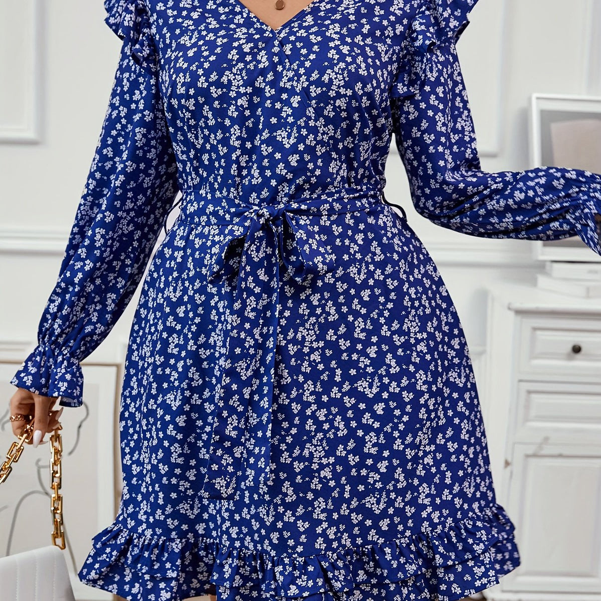  Ditsy Floral Print Long Sleeve V Neck Ruffle T