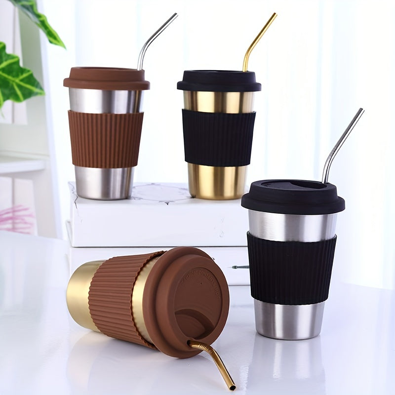 Stainless Steel Cup with Lid & Straw, Creative Drinkware for Home & Office