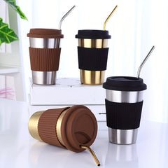 Stainless Steel Cup with Lid & Straw, Creative Drinkware for Home & Office