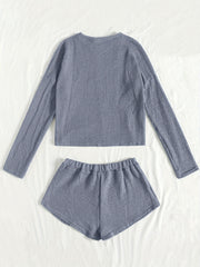 Solid Lounge Set Crew Neck Long Sleeve Top & Elastic Waistband Shorts