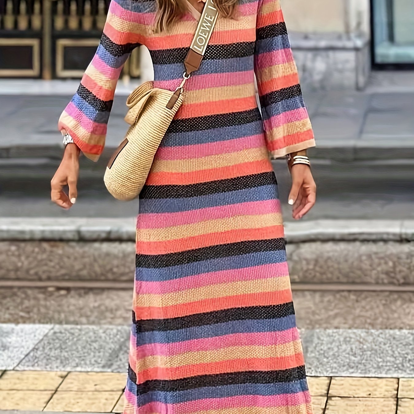 Plus Size Colorblock Stripe Print V Neck Maxi Dress