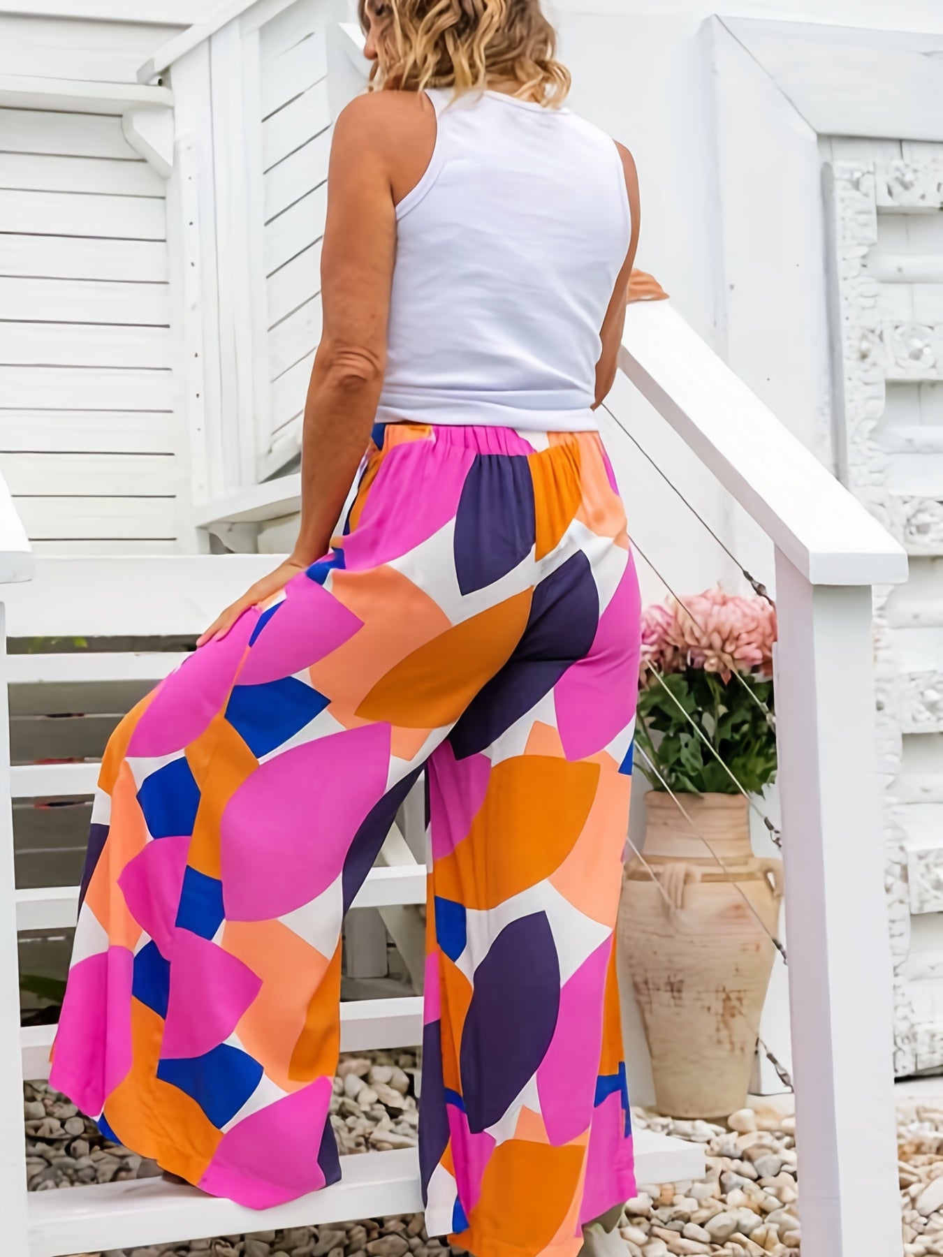  Colorblock Geo Print Wide Leg Pants