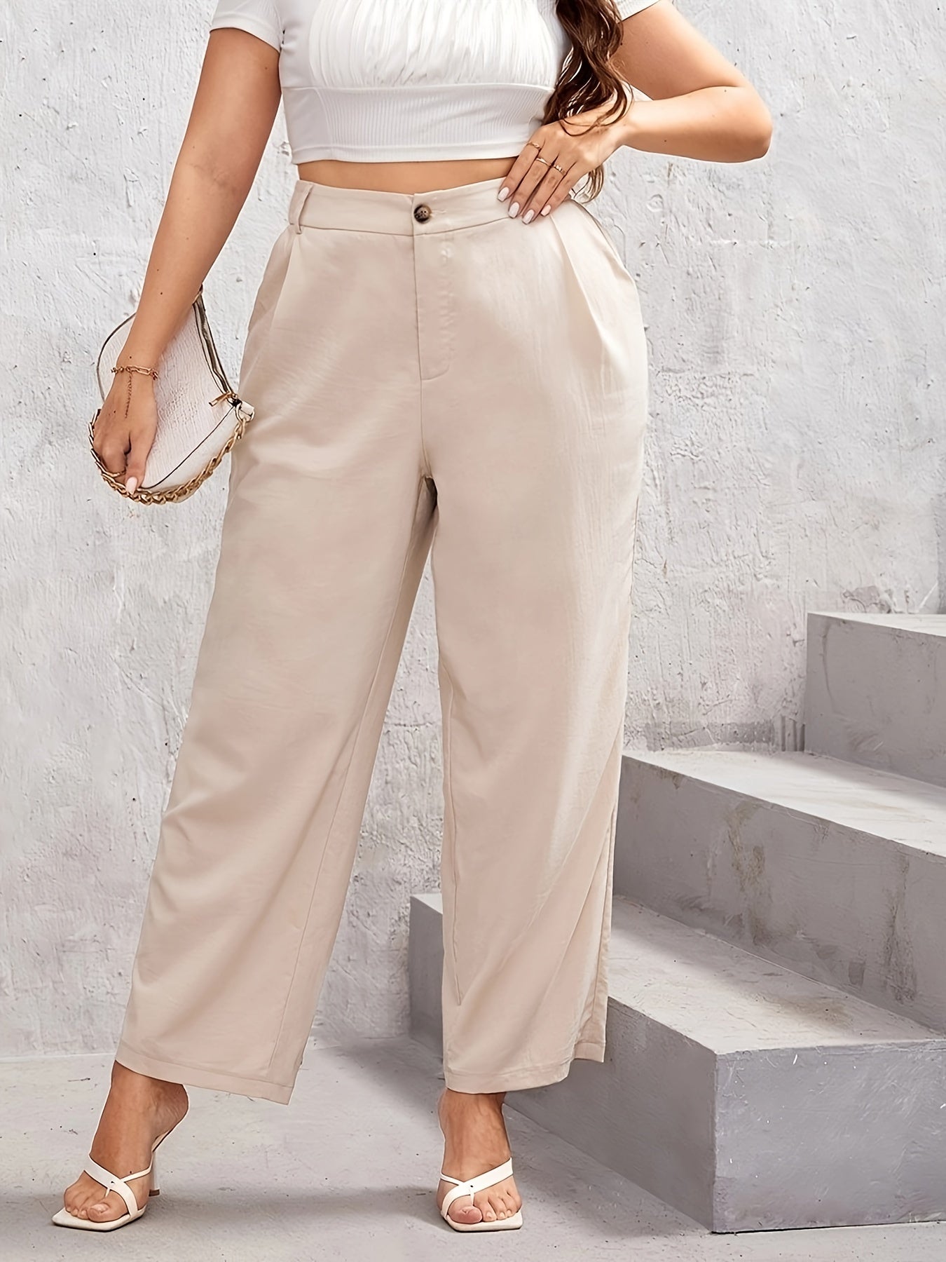 Women's Plus Solid Button Front Straight Leg Loose Trousers