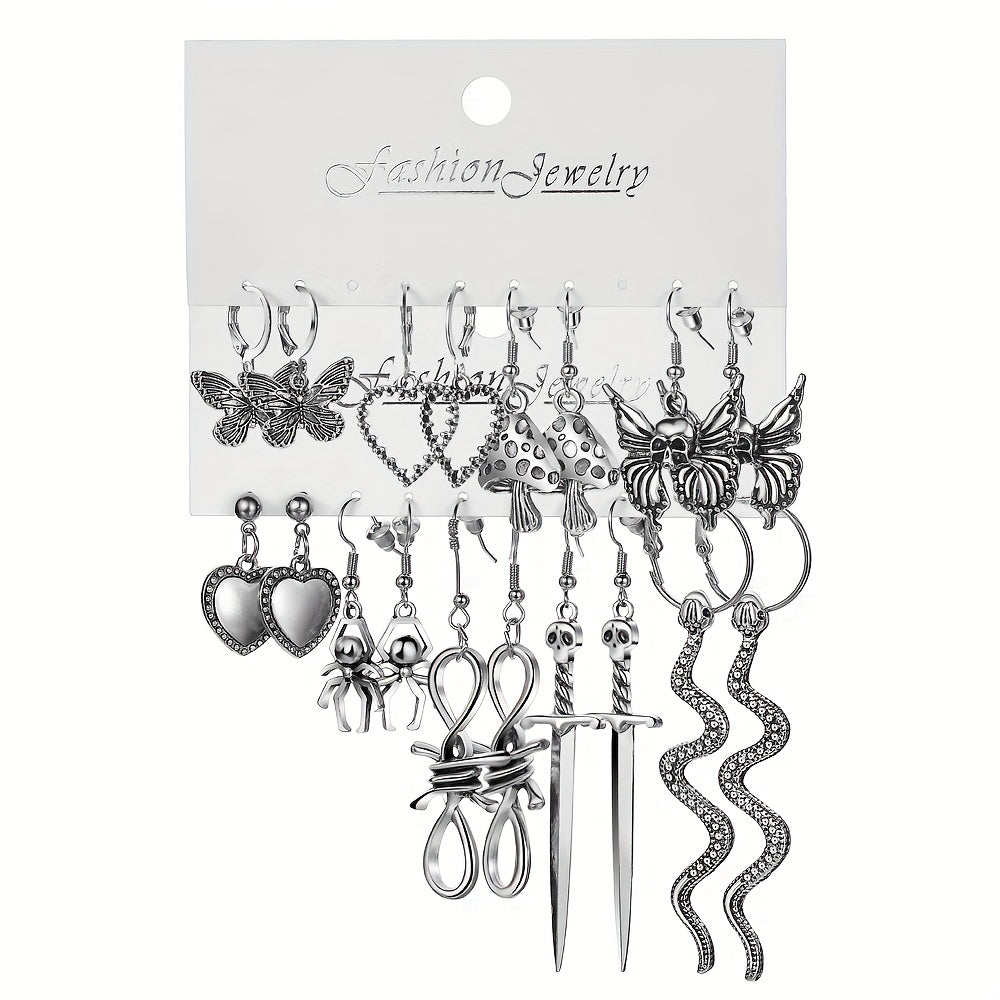 Punk Vintage Silver Snakes Butterfl. Sword Skull Earrings Set 9 Pairs