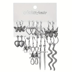 Punk Vintage Silver Snakes Butterfl. Sword Skull Earrings Set 9 Pairs