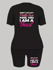  Slogan Print Tee & Biker Shorts Set