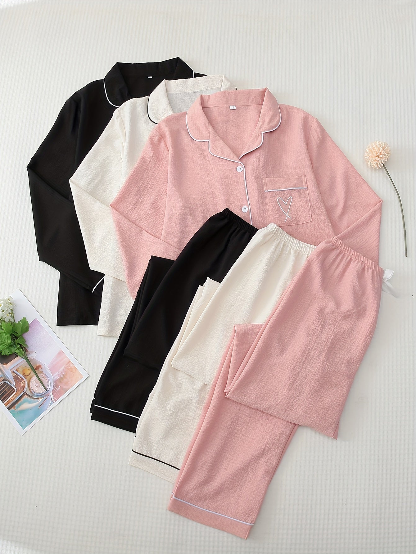 3 Sets Heart Print Pajama Set Long Sleeve Top & Pants Sleepwear