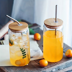 Clear Glass Cup With Bamboo Lid 12oz 20oz Can Beer Cup