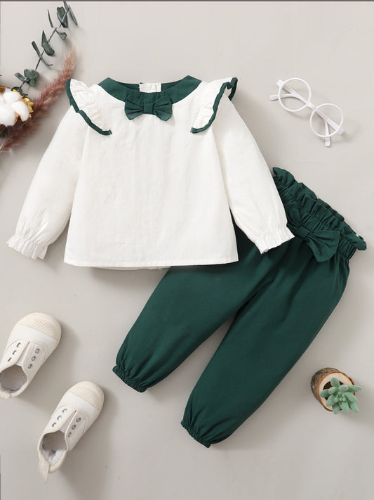 2pcs Girls Ruffled Top & Trousers Set