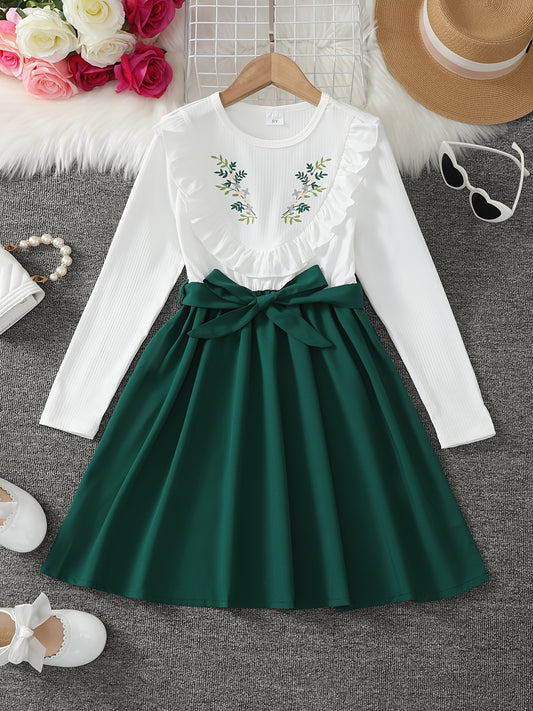 Girls' Floral Ruffle Knit Top A Line Midi Dress