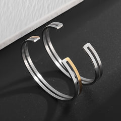 Stainless Steel Double Stripe Cuff Bracelet - Adjustable Hollow Design