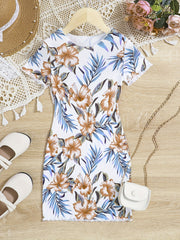 Girls Flowers Print Slim Dress Kids Summer Clothes