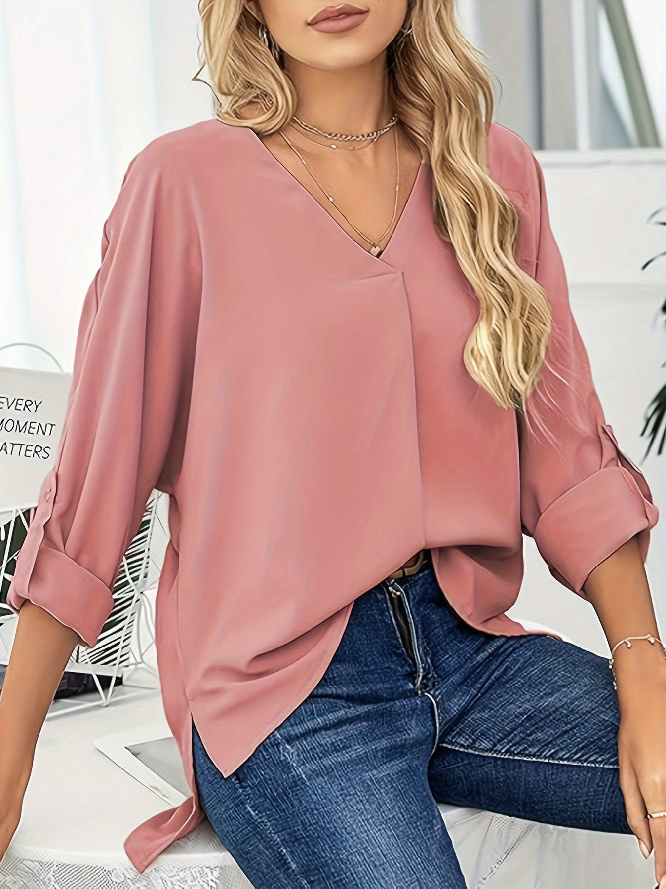  Solid Long Sleeve Notched Neck Shirt Top