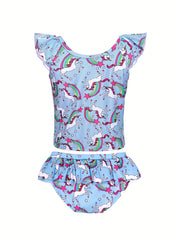 Girls Unicorn Bikini Tankini Swimsuit Ruffle Trim Top & Shorts Set