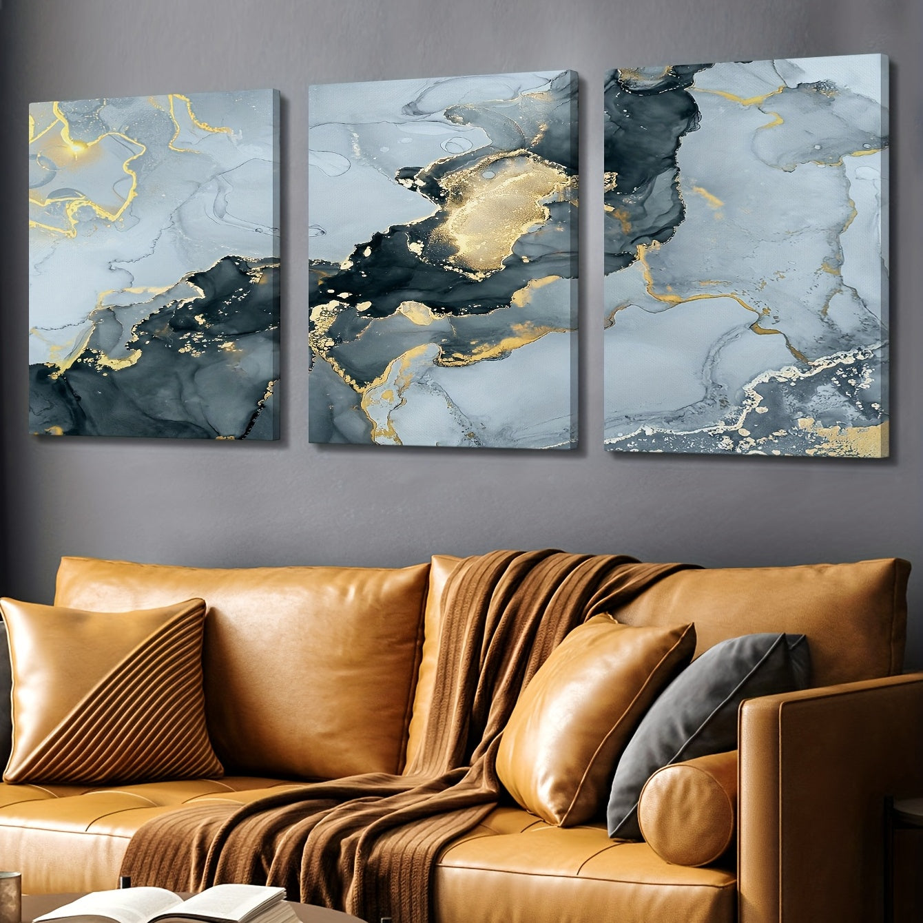 3pcs Framed Modern Ink Paintings with Marble Texture and Golden Accents
