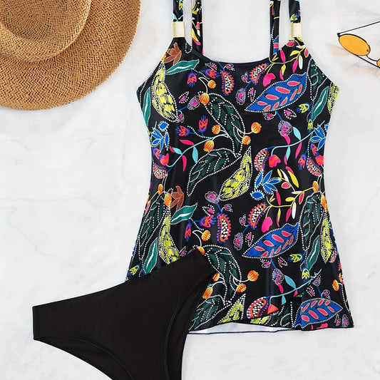 Floral Print Wide Straps Tankini Swimsuit Set Women's Swimwear
