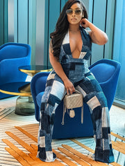  Colorblock Denim Wide Leg Jumpsuit