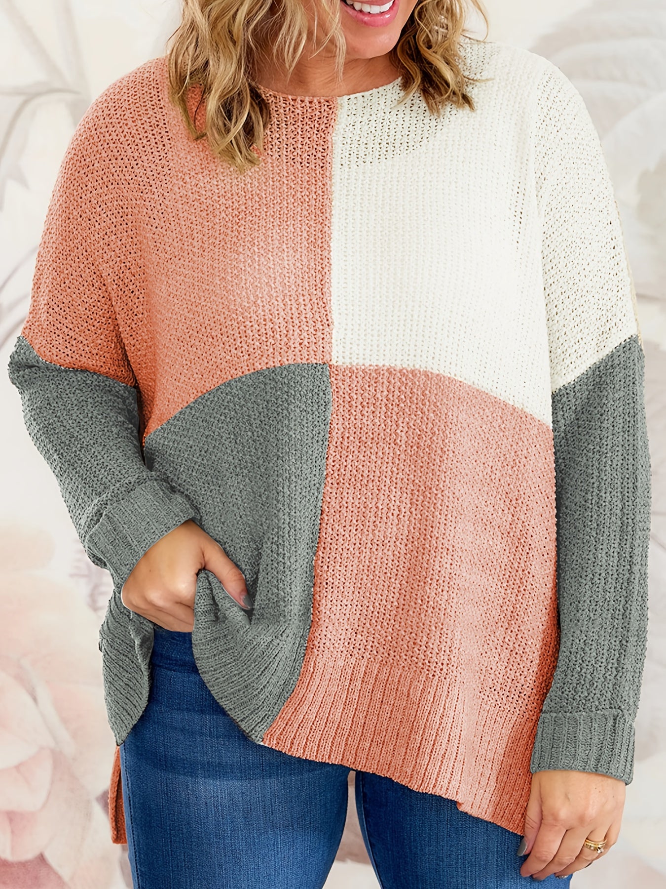  Colorblock Round Neck Pullover Sweater