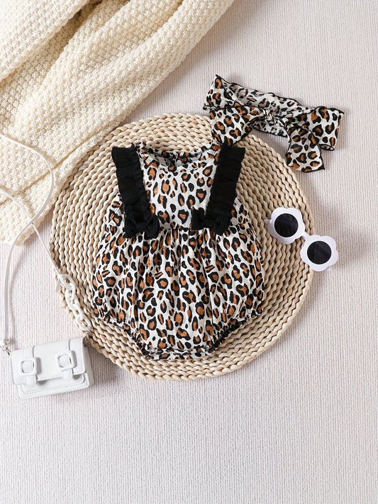 2pcs Newborn Leopard Print Romper & Headband Set