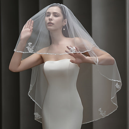 Beaded Floral Veil Soft Nylon Bridal Gown Accessory with Lace Detailing