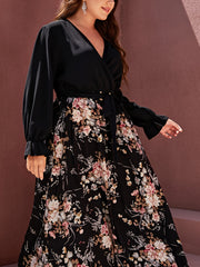 Floral Print Maxi Dress with Flounce Sleeves and Belt