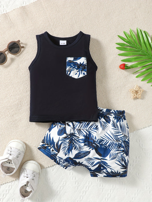 Boys Leaf Print Tank Top & Shorts 2pcs Set