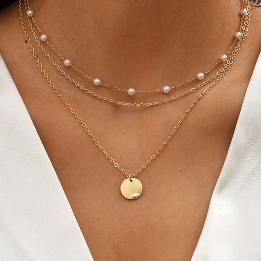 2pcs Faux Pearl Geometric Necklace Set