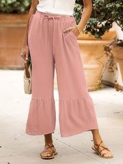  Ruffle Trim Drawstring High Waist Wide Leg Pants