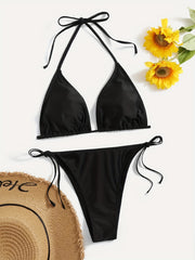  Backless Halter Bikini Set Solid Bra & Tie Side Panty Swimsuit