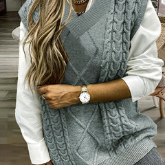  Solid Cable V Neck Knit Vest - Women's Casual Knit Vest